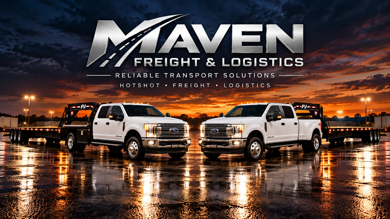 Two white Ford dually trucks with PJ gooseneck trailers under the Maven Freight & Logistics logo