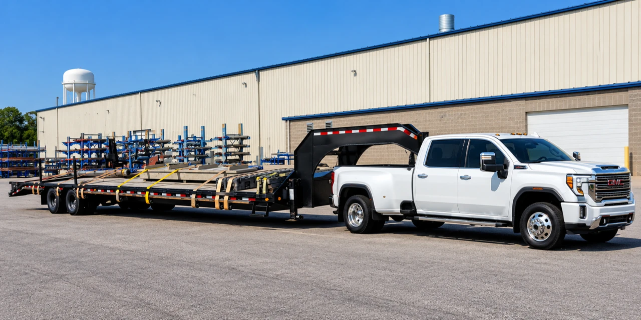 GMC dually pulling a 40 foot gooseneck trailer loaded with strapped industrial freight